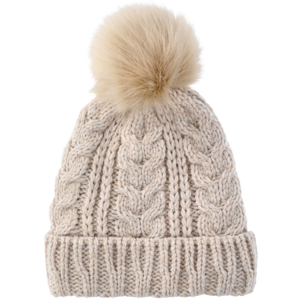 Pom Cable Women's Knit Insulated Hat With Pom Pom ONE SIZE Tan NEW